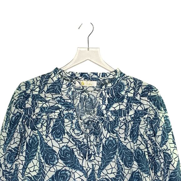 Bindu XS Laurie Top In Blue Feather Print 100% Cotton Ruffle Peasant Cottage - Picture 4 of 9